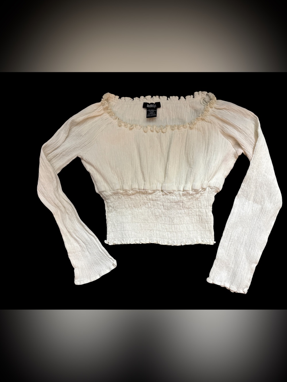 metrostyle Cream Smocked Ruffle Long-Sleeve Crop Top